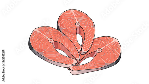 Three fresh raw salmon fish steaks with characteristic pink flesh and fat lines isolated on white background.