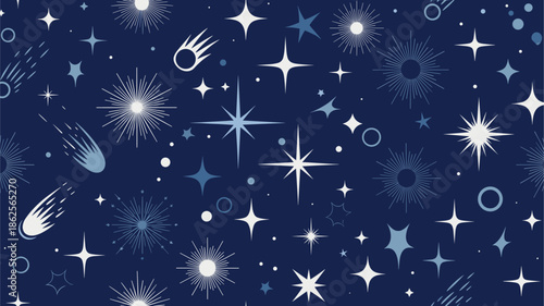 Seamless starry night sky pattern with various white and blue stars and comets on dark midnight background.