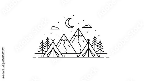 Minimalist line art illustration of mountain campsite with teepees and pine trees under crescent moon and starry night sky.