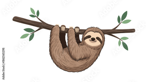 Adorable cartoon sloth hanging lazily from tree branch with green leaves against clean white background for children design.