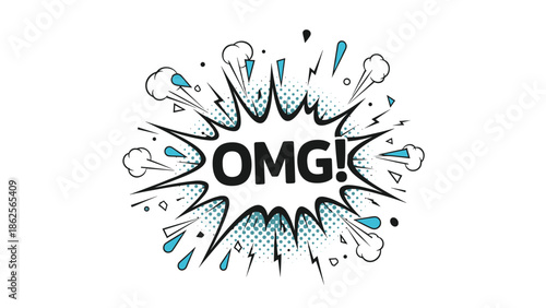 Comic book style omg text explosion with blue halftone dots and jagged comic lines for expressive pop art design.