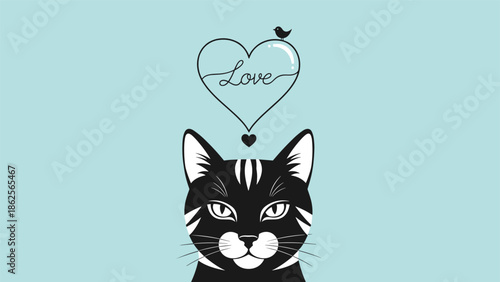 Black and white cat face with heart and love message above its head in minimalist style on light blue background.