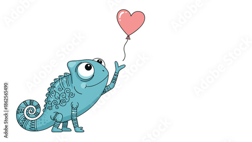 Cute blue cartoon chameleon with decorative patterns looking up at pink heart balloon on white background.