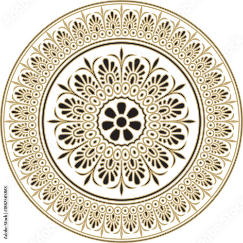 Vector gold with black classic Greek round ornament. Circle of Ancient Greece and the Roman Empire. Byzantine painting of walls, floors and ceilings. Decoration of European palaces.