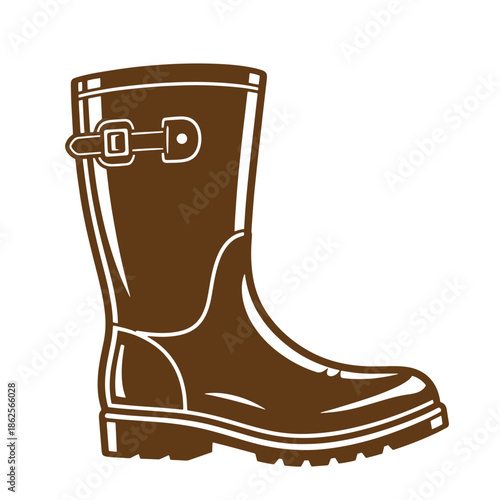 Brown rubber rain boot with buckle and thick sole  isolated on white background