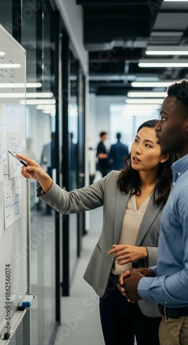 Diverse business colleagues collaborating on a project using a whiteboard in a modern office hallway.