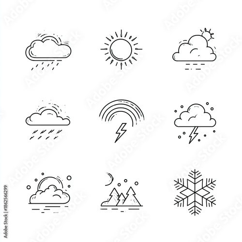 A set of weather icons including sun, cloud, rain, and snow symbols on a white background