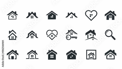 Collection of Minimalist House Icons for Real Estate and Home Design.