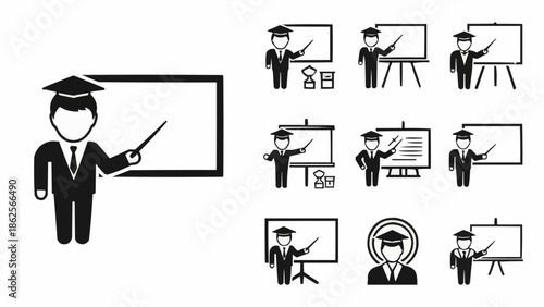 Professor icon set, teacher with pointer and blackboard, education concept.