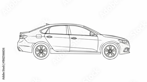 Detailed Line Drawing of a Modern Sedan Car.