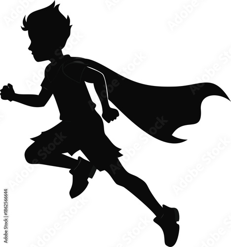 Boy Running With A Cape Pretending To Fly
