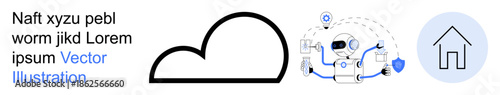 Cloud technology, AI systems, smart homes, IoT applications, digital security, data management. Simple black cloud, robotic figure with shield element and house icon. Cloud technology and AI systems