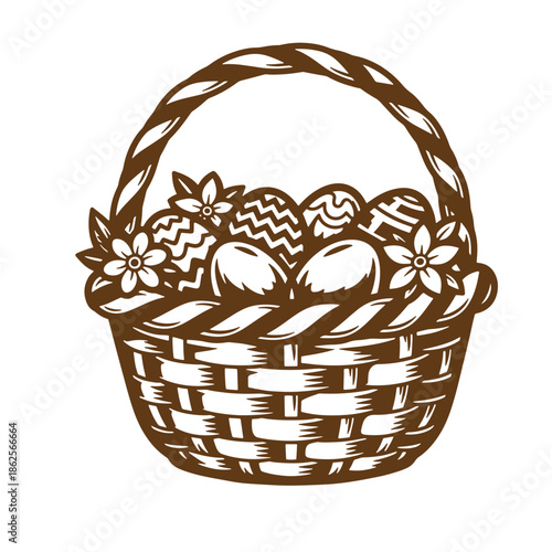 Brown wicker basket filled with decorated Easter eggs and flowers isolated on white background