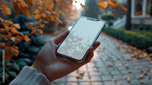 Wallpaper Mural Hand holding smartphone with blank screen on autumn sidewalk Torontodigital.ca