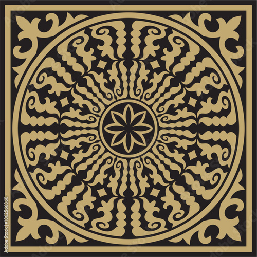 Kazakh national square gold and black ornament frame. Ethnic pattern. Rectangle reflecting nomadic culture. Suitable for design and textiles.