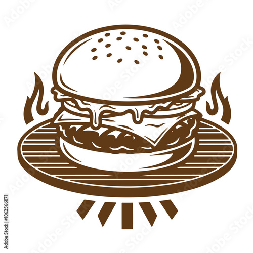 Illustration of a double cheeseburger on a plate with flames  delicious food