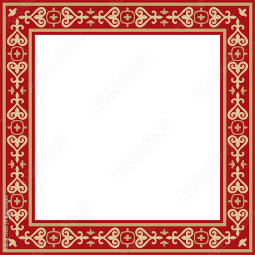 Kazakh national square gold frame with red ornament. Ethnic pattern. Rectangle reflecting nomadic culture. Suitable for design and textiles.