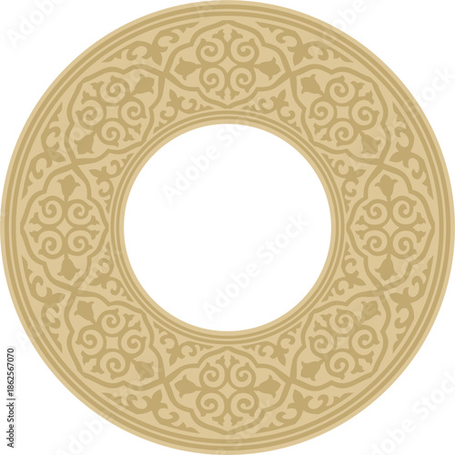 Kazakh national round gold frame ornament. Ethnic pattern. The circle ring reflects nomadic culture. Suitable for design and textiles.