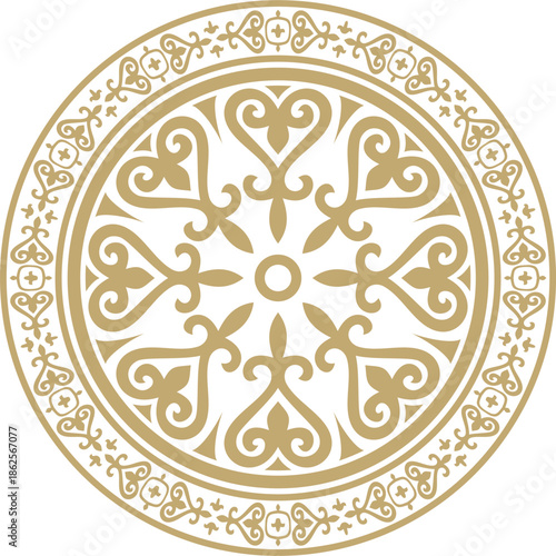 Kazakh national round gold frame ornament. Ethnic pattern. The circle ring reflects nomadic culture. Suitable for design and textiles.