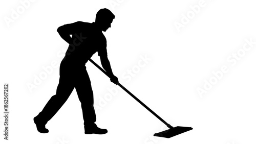 Silhouette of a hardworking man diligently sweeping or mopping a floor surface with a long handled cleaning tool against a pure white background