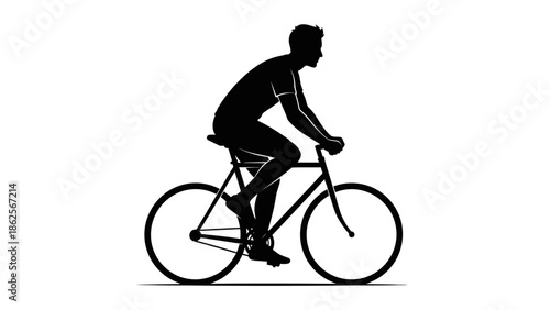 Silhouette graphic of a man riding a classic road bicycle in a side profile view against a clean white background emphasizing motion