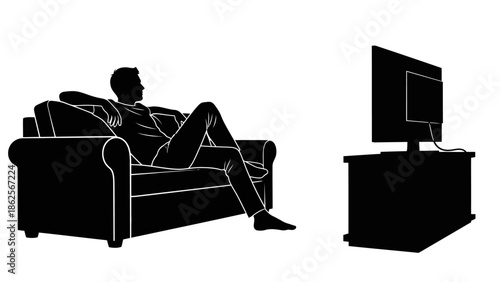 Silhouette of a man relaxing comfortably on a living room sofa while watching television from a side profile perspective against a white background