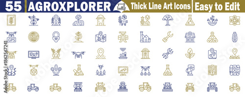 A diverse collection of fifty-five thick-line Agro Explorer, agriculture icons featuring farming technology and plant cultivation vector illustration. 