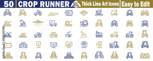 Set of fifty Crop Runner agriculture machinery line icons collection for farming industry and harvest technology vector illustration. 