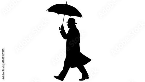 Silhouette of a gentleman wearing a fedora and a long trench coat walking while holding an open umbrella for protection against the weather elements