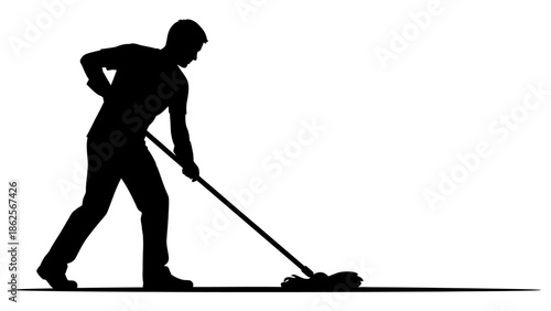 Silhouette of a diligent male worker actively engaged in the physical chore of mopping a smooth floor surface with a string mop tool isolated on white