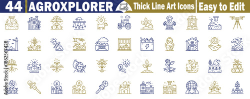 Forty-four thick line agriculture icons displaying farming systems and ecological plant growth for Agro Explorer vector illustration. 