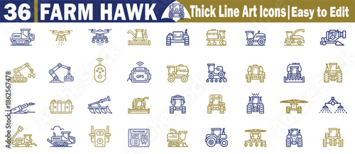 A series of thirty-six Farm Hawk automated agriculture drone and smart equipment icons for precision field farming vector illustration. 