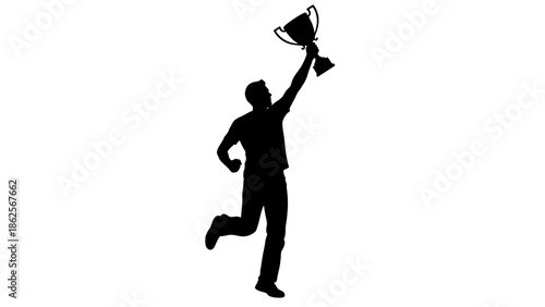 Silhouette of a triumphant athlete or champion runner jumping high into the air while passionately raising a massive golden award trophy overhead in victory