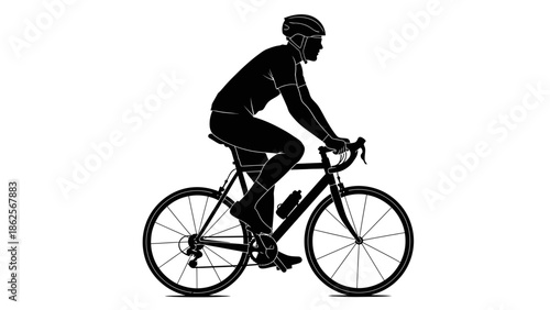 Silhouette of a dedicated cyclist wearing a helmet and sporting professional cycling gear while aggressively riding a road bicycle in profile view