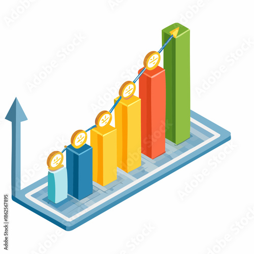 Growing Bar Chart with Coins and Upward Arrow.