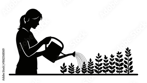 Silhouette illustration of a woman carefully watering a row of growing plants symbolizing nurturing development, agriculture, and sustainable organic farming progress