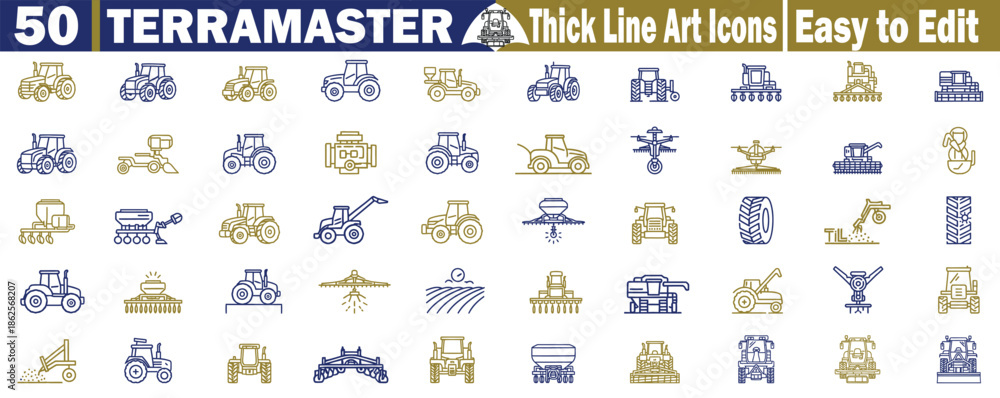 Obraz premium Fifty Terramaster Agricultural Equipment icons with thick line style showing various tractor types and farm tools vector.