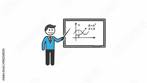 Cartoon teacher explaining math functions on a whiteboard with a pointer.
