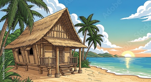 Tropical Beach Hut with Palm Trees at Sunset.