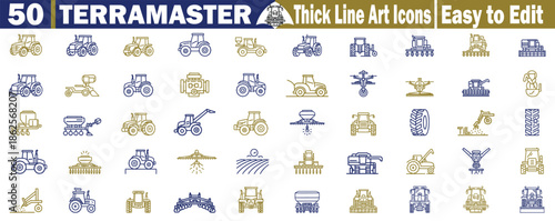 Fifty Terramaster Agricultural Equipment icons with thick line style showing various tractor types and farm tools vector. 