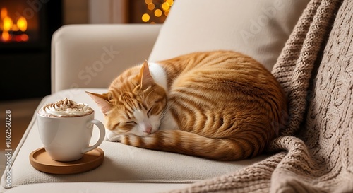Cozy Cat Sleeping Next to Coffee Cup.