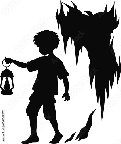 Silhouette Of A Boy Holding A Lantern Exploring A Cave