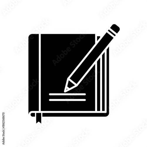 A black and white graphic illustration of a journal with a pencil on top, symbolizing writing and creativity, viewed from a slight angle.