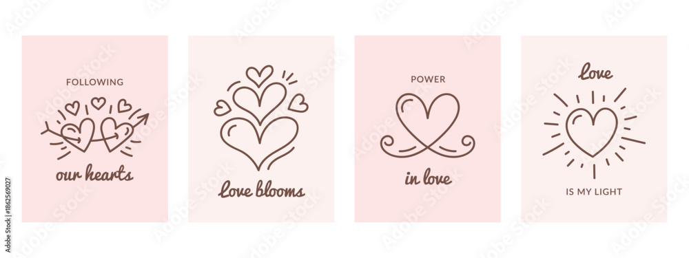 Naklejka premium Soft pink greeting cards with hand drawn heart illustrations and romantic lettering, minimalist style for Valentine themes, wedding, invitation cards