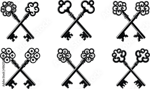 Crossed ornamental vintage key silhouettes set, antique decorative skeleton keys vector icons collection isolated on white background