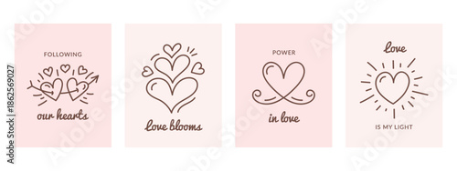 Soft pink greeting cards with hand drawn heart illustrations and romantic lettering, minimalist style for Valentine themes, wedding, invitation cards