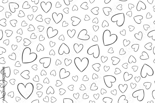 Seamless pattern of doodle line hand drawn hearts in various sizes