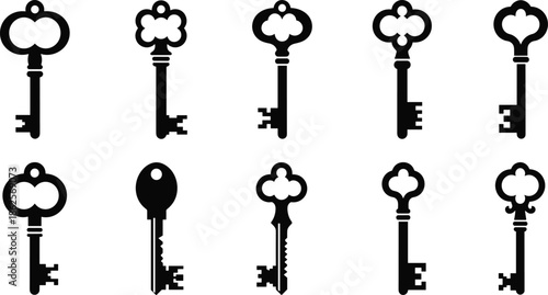 Vintage key silhouettes icon set, antique decorative keys collection, classic locksmith symbols, old retro key designs isolated on white