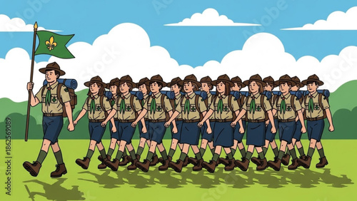 Boy Scouts Marching in Green Field with Flag, Cartoon Style