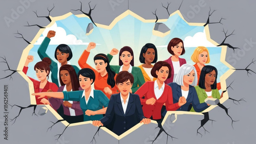 Diverse Group of People Breaking Through Gray Background, Cartoon Style, Symbolizing Unity and Diversity
